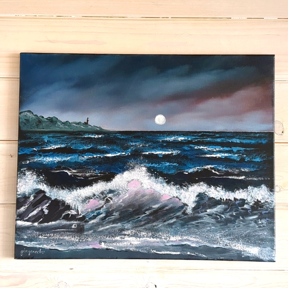 Original Acrylic New Hand Painted Canvas Art Moonlit Rocky Seascape 20" X 16"